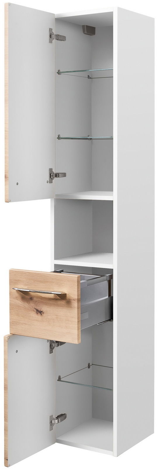 Hochschrank mit zwei offenen Türen und einer Schublade, aus weißem Material mit Holzelementen, seitliche Perspektive