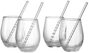 Vier elegante, geriffelte Gläser mit passenden Glasstrohhalmen, seitliche Perspektive.