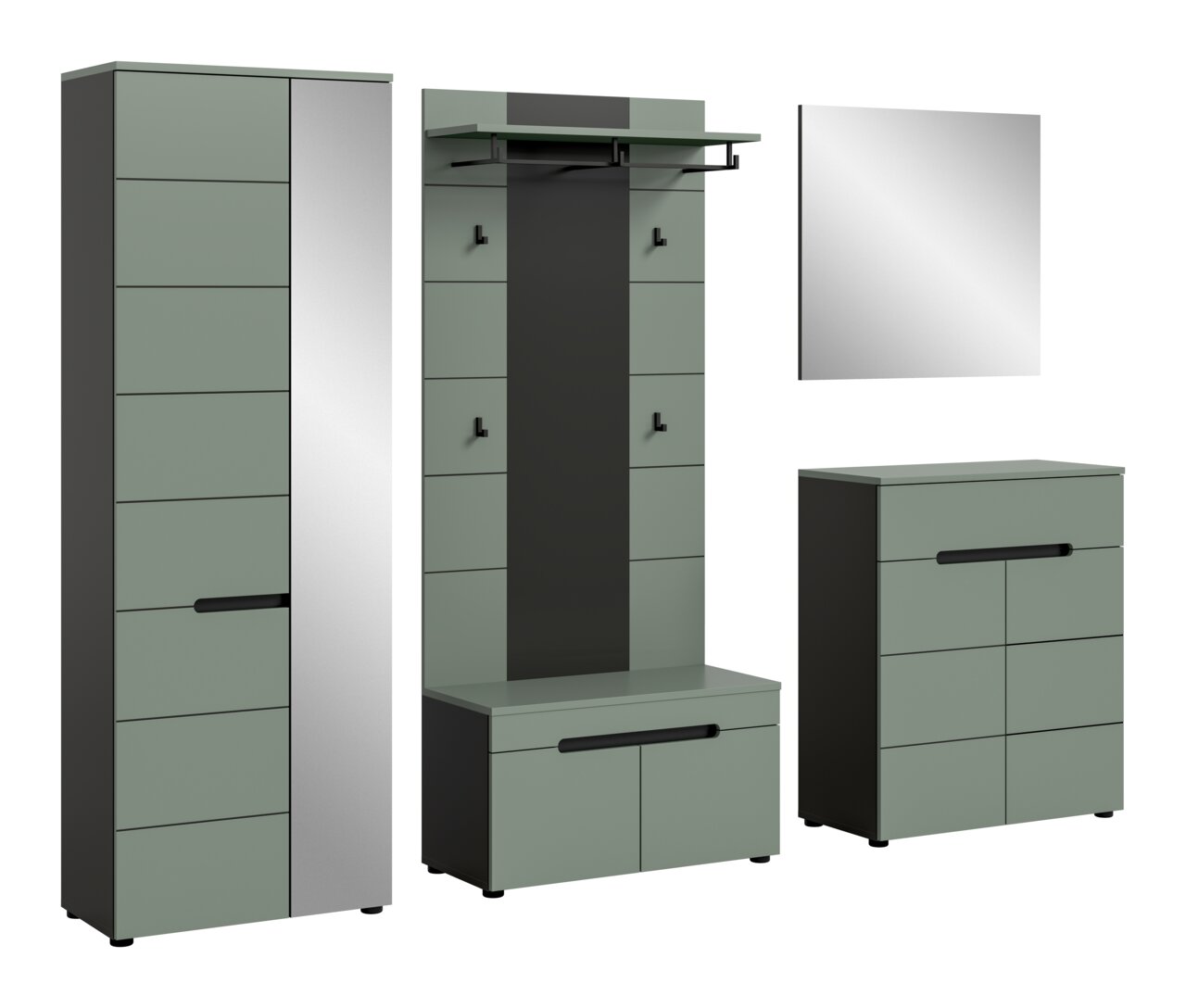 Modernes Garderoben-Set in Salbeigrün und Anthrazit mit Hochschrank, Garderobenpaneel mit Hutablage, Kleiderstange und Haken, Sitzbank mit Stauraum, Kommode und Wandspiegel, freigestellt auf weißem Hintergrund, Frontansicht mit leichter Perspektive von sc