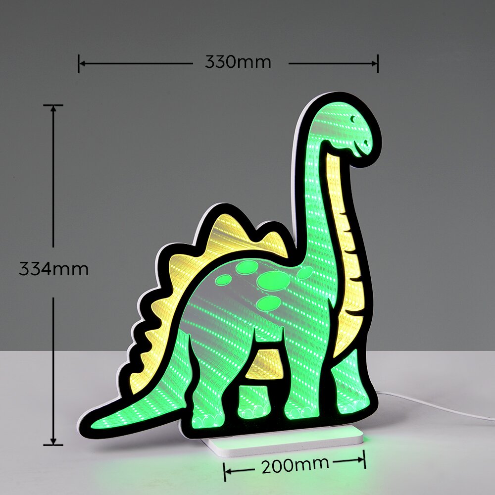 Novel LED-Dekoleuchte DINOSAUR Grün-gelbe LED-Dekoleuchte in Dinosaurierform (Langhals) mit schwarzem Rand auf weißem Sockel, Maße ca. 330 mm breit und 334 mm hoch, Ansicht schräg von vorn vor grauem Hintergrund
