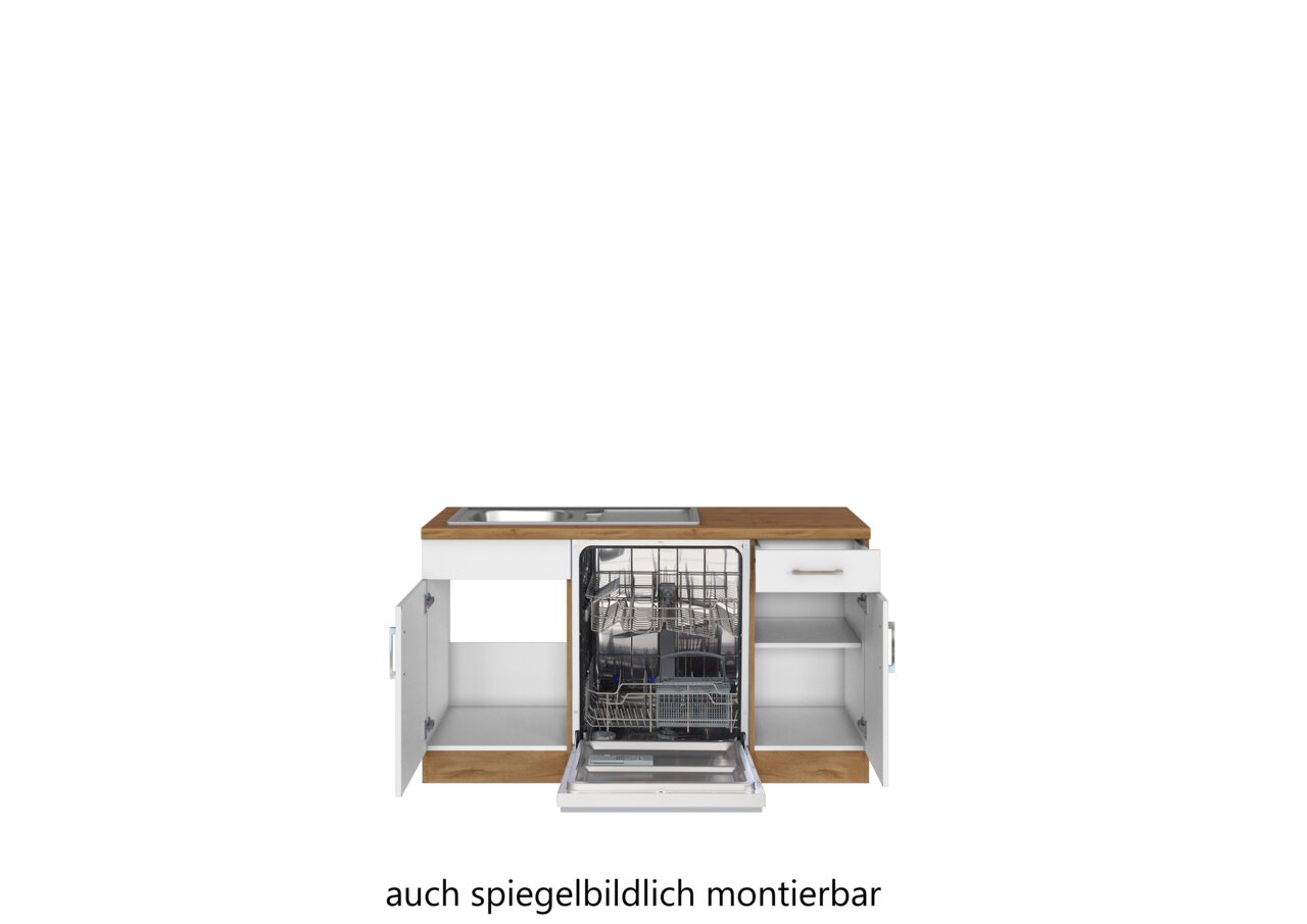 Frontansicht einer Eck-Küchenzeile mit Spüle, Geschirrspüler und Schränken, auch spiegelbildlich montierbar.