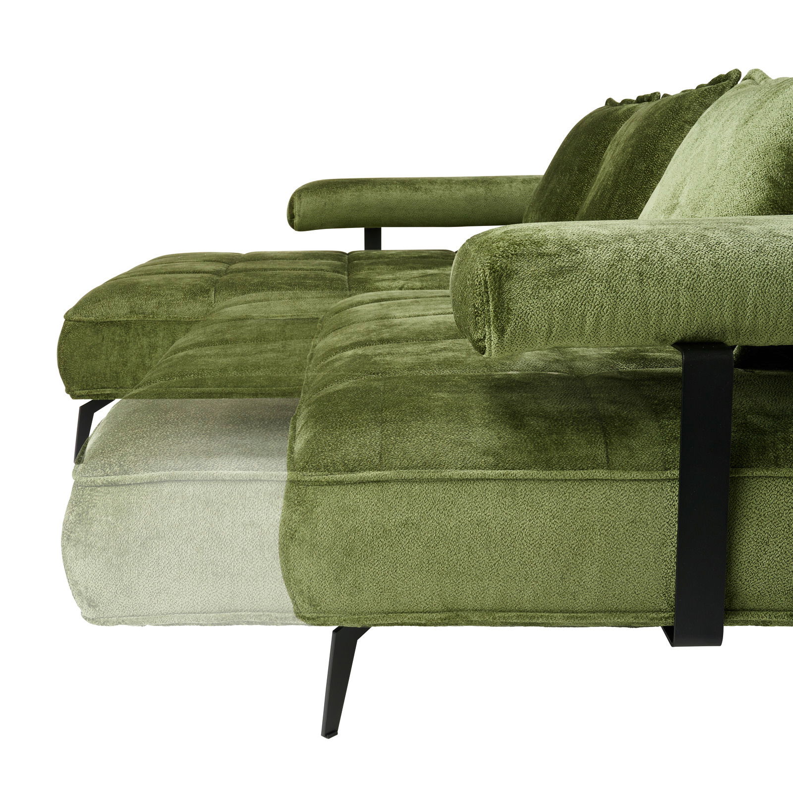Grüne Longchairkombination mit schwarzem Metallgestell, seitliche Perspektive