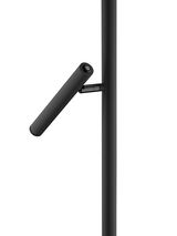 Nahaufnahme einer modernen, schwarzen LED-Stehleuchte mit verstellbarem Arm, seitliche Perspektive