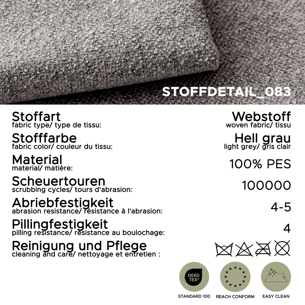 Close-up van een lichtgrijze geweven stof (100% PES) met een grove structuur, detail van de stof vanuit een schuin bovenaanzicht; ingevoegde materiaal- en onderhoudsinformatie (100.000 schuurcycli, slijtvastheid 4–5, pilling 4, OEKO-TEX Standard 100, REAC