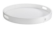 Großes, rundes weißes Tablett mit erhöhtem Rand und seitlichen Griffen, aus seitlicher Perspektive fotografiert.