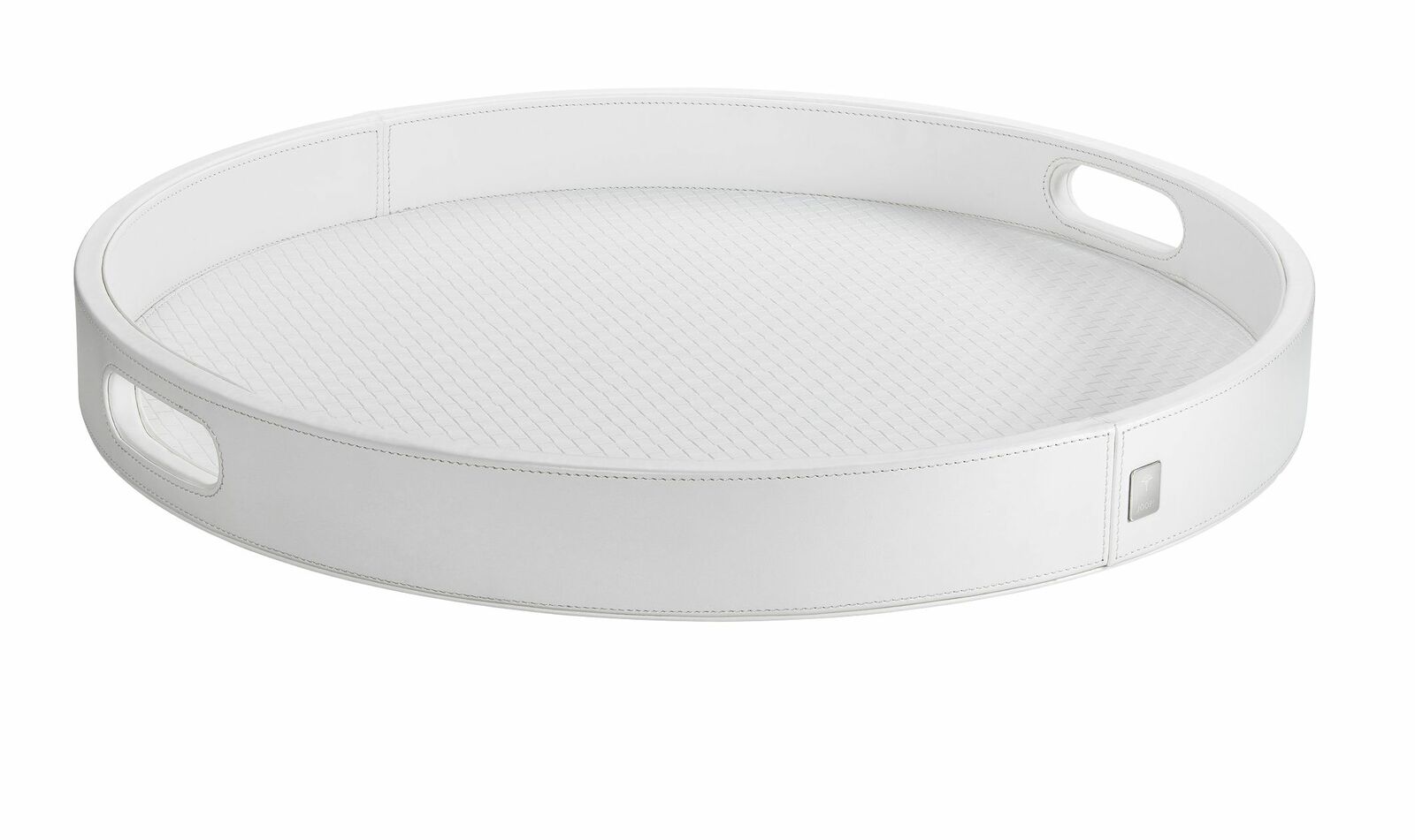 Großes, rundes weißes Tablett mit erhöhtem Rand und seitlichen Griffen, aus seitlicher Perspektive fotografiert.
