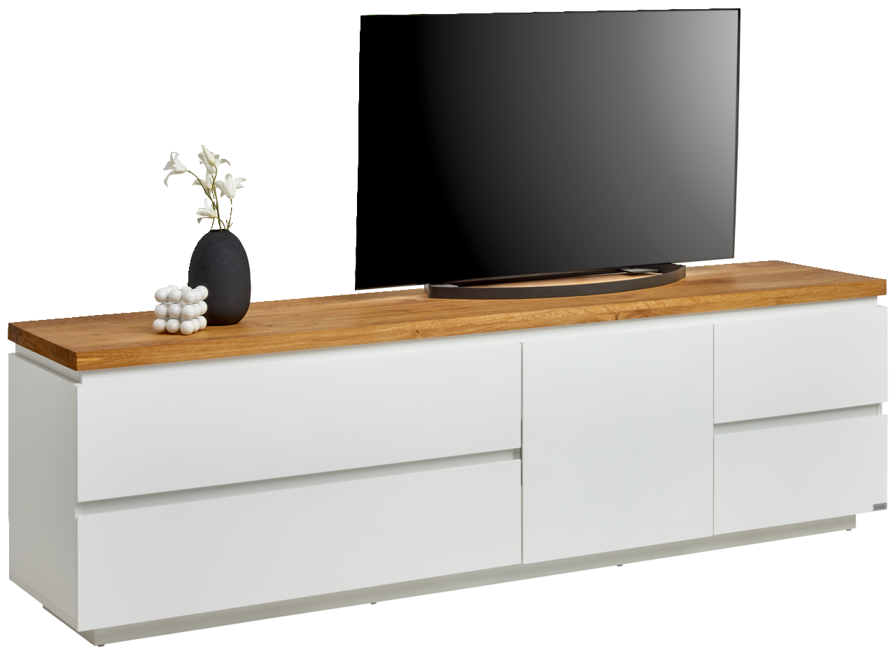 Novel TV-Lowboard DALTON TV-Lowboard mit weißem Korpus und Holzoberfläche, darauf ein Fernseher und eine Vase mit Blumen, seitliche Perspektive