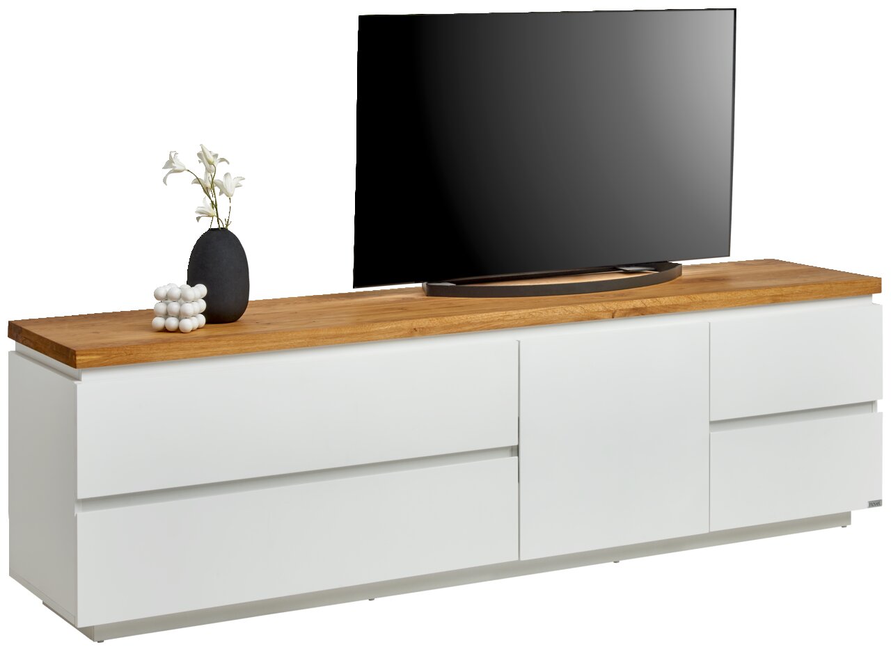 Novel TV-Lowboard DALTON TV-Lowboard mit weißem Korpus und Holzoberfläche, darauf ein Fernseher und eine Vase mit Blumen, seitliche Perspektive