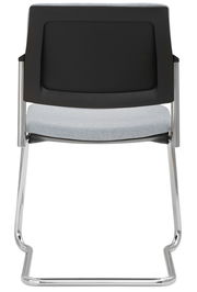 Rückansicht eines Freischwingers mit schwarzer Rückenlehne, grauem Sitzpolster und verchromtem Gestell.