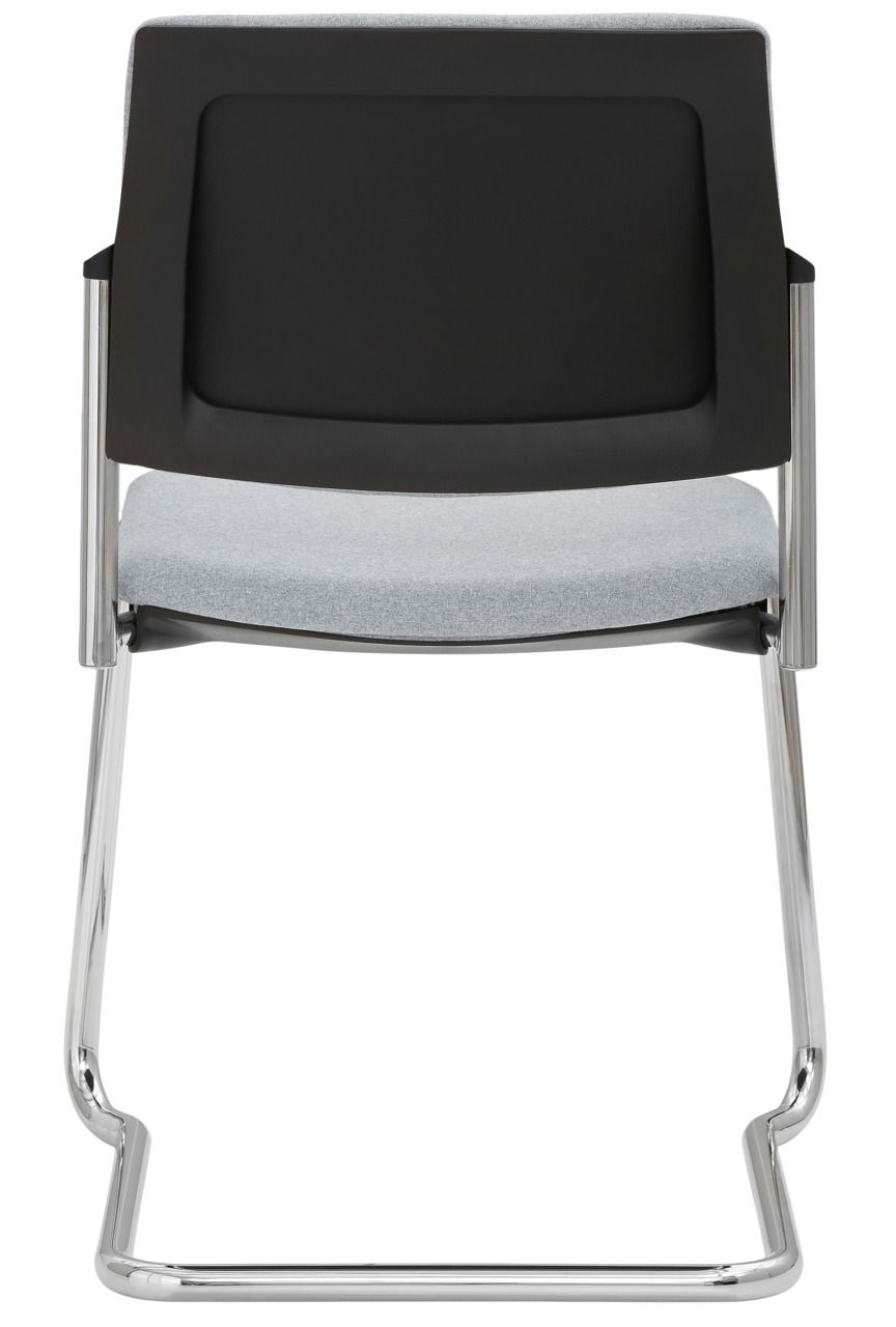 Rückansicht eines Freischwingers mit schwarzer Rückenlehne, grauem Sitzpolster und verchromtem Gestell.