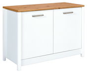 Weißer Spülenunterschrank mit Holzplatte und zwei Türen, Frontansicht