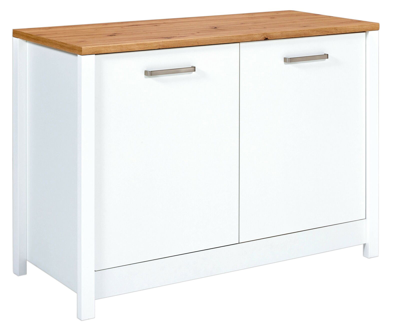 Weißer Spülenunterschrank mit Holzplatte und zwei Türen, Frontansicht