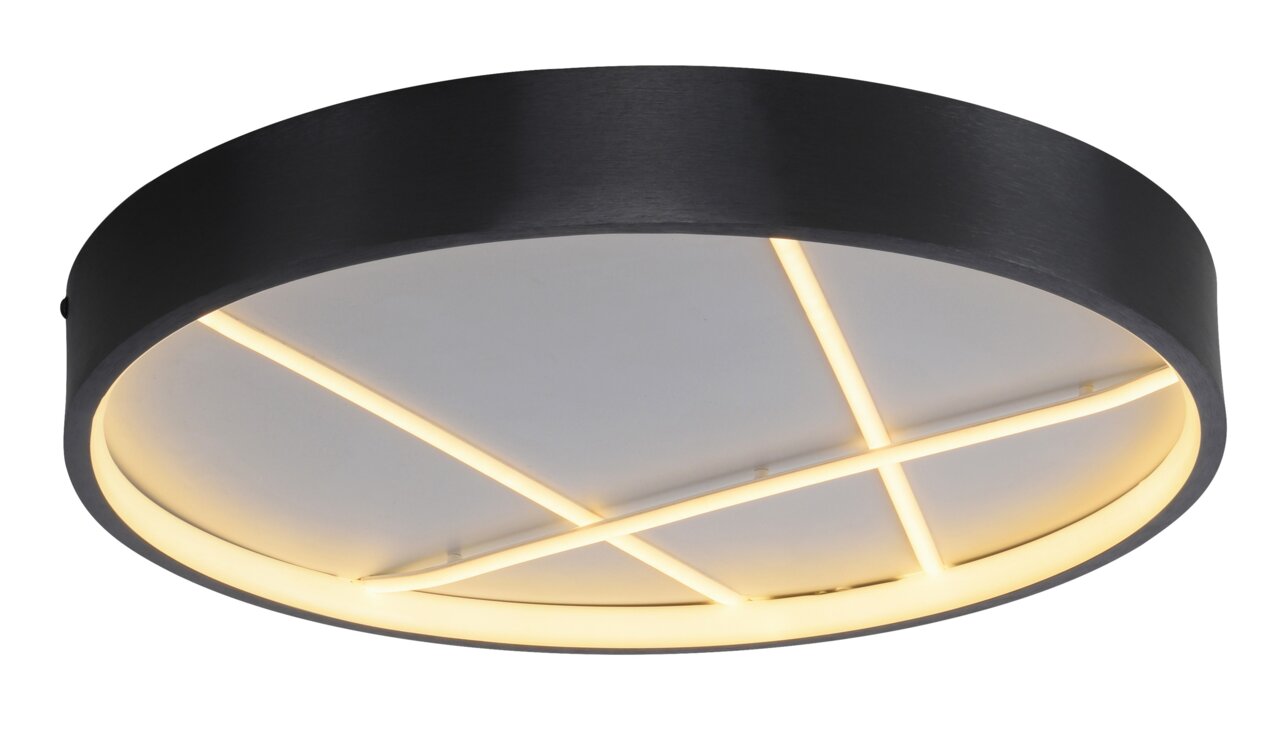 Moderne Deckenleuchte MIKADO in schwarzem Gehäuse mit kreuzförmigem LED-Lichtdesign, seitliche Perspektive