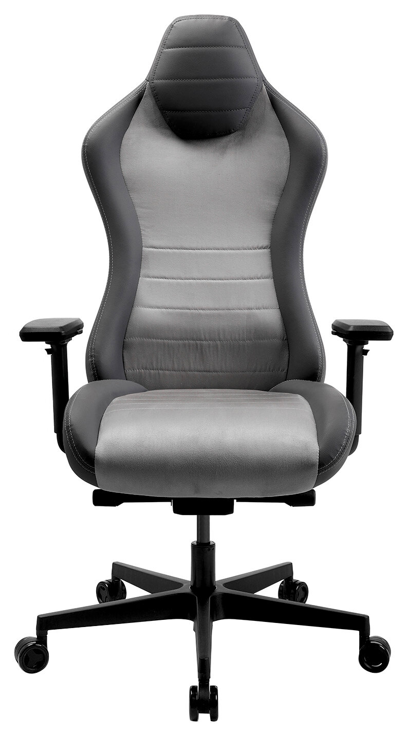 Vorderansicht eines grauen Gaming-Stuhls mit ergonomischem Design und verstellbaren Armlehnen.