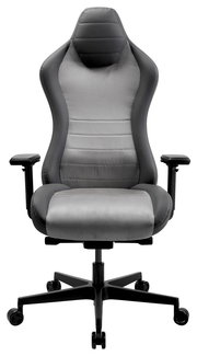 Vorderansicht eines grauen Gaming-Stuhls mit ergonomischem Design und verstellbaren Armlehnen.