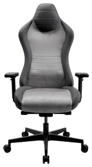 Vorderansicht eines grauen Gaming-Stuhls mit ergonomischem Design und verstellbaren Armlehnen.