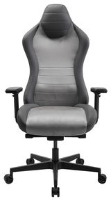 Vorderansicht eines grauen Gaming-Stuhls mit ergonomischem Design und verstellbaren Armlehnen.