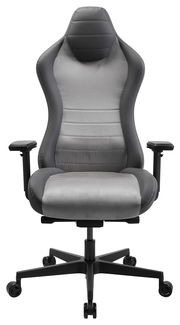 Vorderansicht eines grauen Gaming-Stuhls mit ergonomischem Design und verstellbaren Armlehnen.