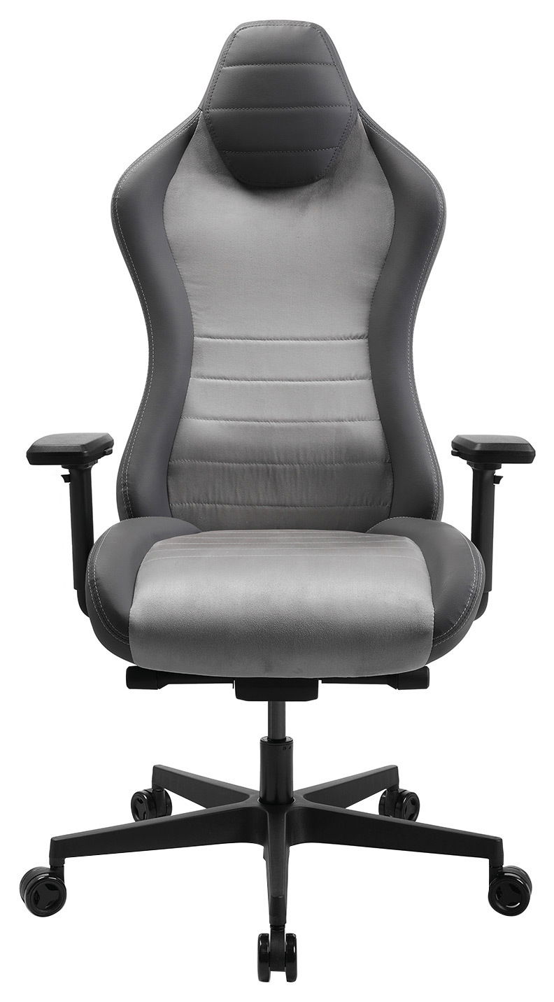 Vorderansicht eines grauen Gaming-Stuhls mit ergonomischem Design und verstellbaren Armlehnen.