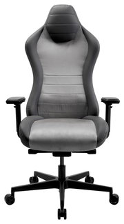 Vorderansicht eines grauen Gaming-Stuhls mit ergonomischem Design und verstellbaren Armlehnen.