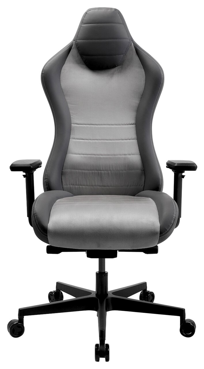 Vorderansicht eines grauen Gaming-Stuhls mit ergonomischem Design und verstellbaren Armlehnen.