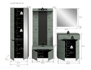 Bemaßte Grafik eines Garderoben-Sets in Salbeigrün mit Schuhschrank, Garderobenpaneel und Spiegel; Frontansicht mit geöffneten Türen sowie Maß- und Belastungsangaben.