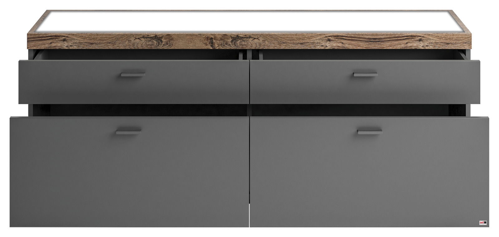 Frontale Ansicht eines modernen TV-Lowboards mit grauen Schubladen und einer Holzoberfläche.