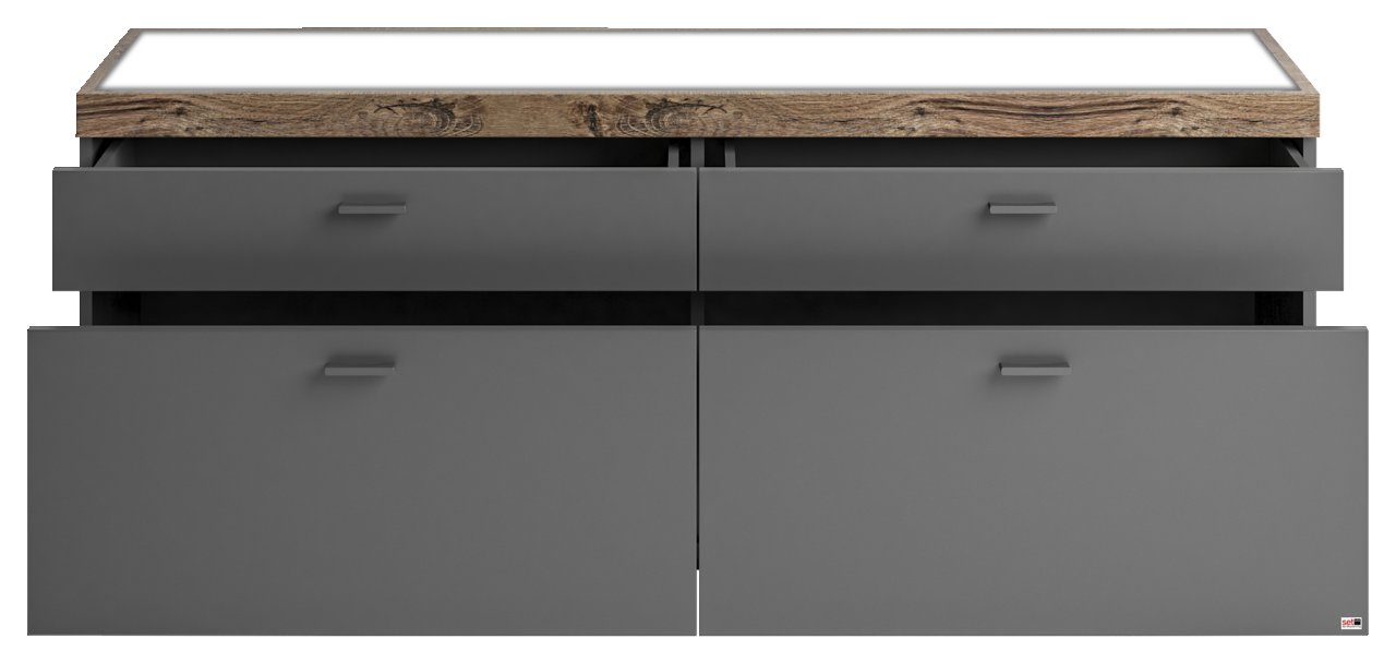 Frontale Ansicht eines modernen TV-Lowboards mit grauen Schubladen und einer Holzoberfläche.