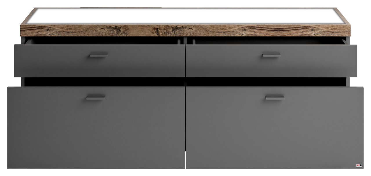 Frontale Ansicht eines modernen TV-Lowboards mit grauen Schubladen und einer Holzoberfläche.