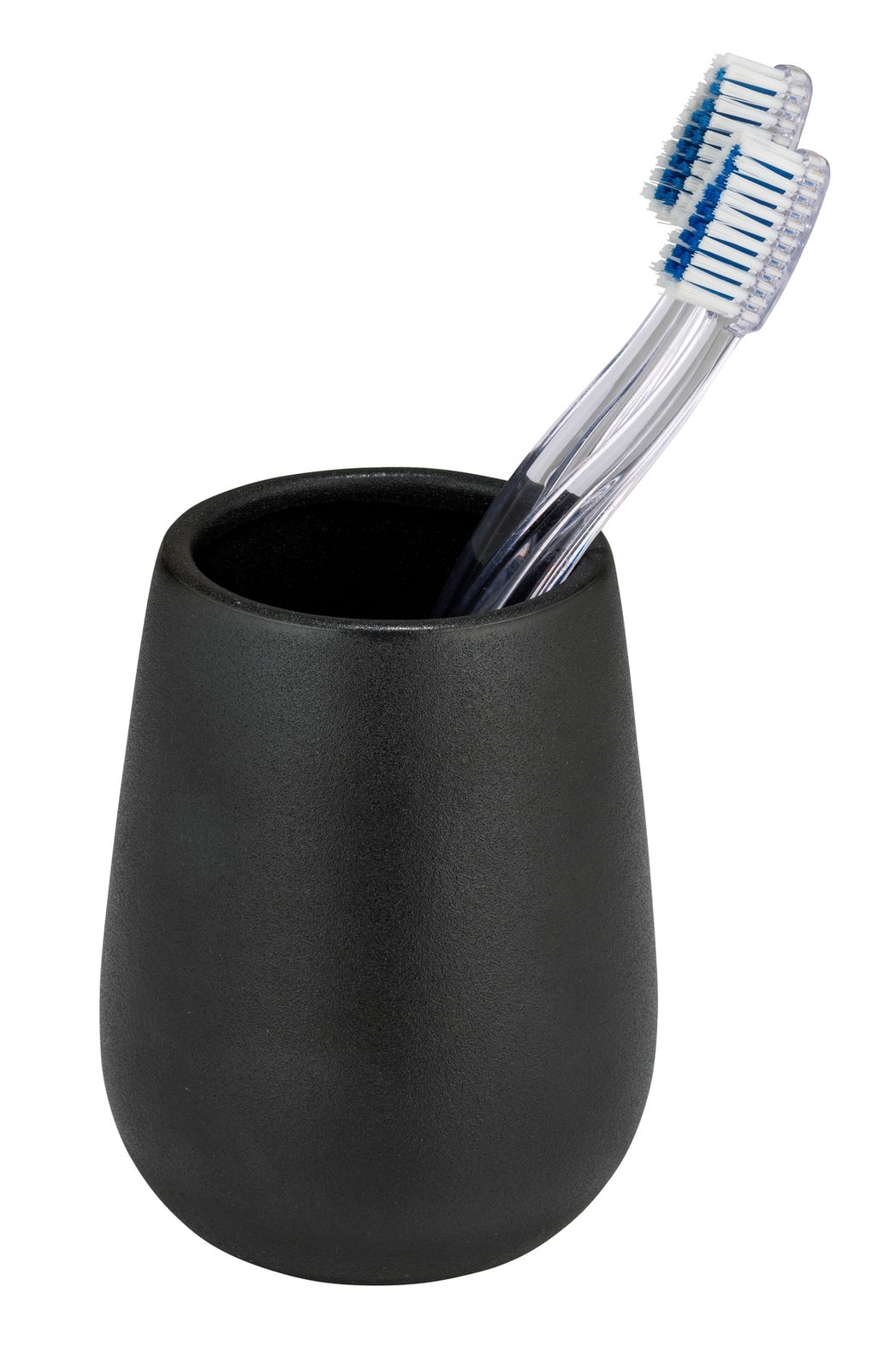 Schwarzer Keramik Zahnputzbecher mit zwei Zahnbürsten, seitliche Perspektive