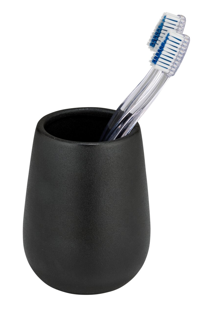 Wenko Zahnputzbecher NERNO Schwarzer Keramik Zahnputzbecher mit zwei Zahnbürsten, seitliche Perspektive