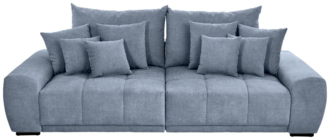 Frontale Ansicht eines großen, grauen Sofas mit mehreren Kissen.