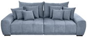 Frontale Ansicht eines großen, grauen Sofas mit mehreren Kissen.