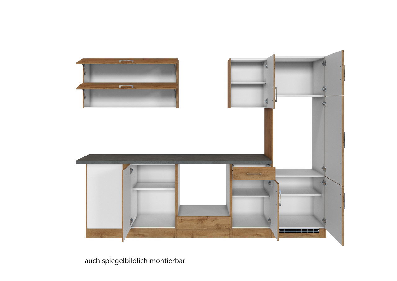 Eck-Küchenzeile mit offenen Schränken und Schubladen, Holz- und Weißoptik, Frontansicht