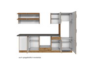 Eck-Küchenzeile mit offenen Schränken und Schubladen, Holz- und Weißoptik, Frontansicht