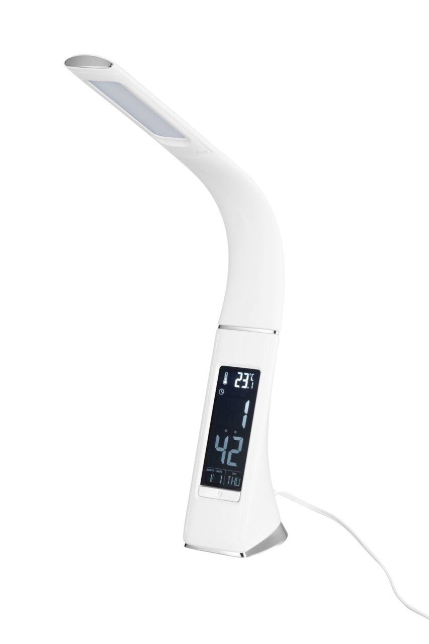 Moderne LED-Schreibtischleuchte in Weiß mit flexiblem Hals und integriertem Display für Uhrzeit und Temperaturanzeige, seitliche Perspektive
