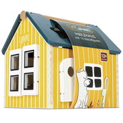 Holz-Steckhaus mit gelben Wänden und blauen Dach, Vorderansicht mit Fenstern und Tür, geeignet für Kinder ab 12 Monaten.