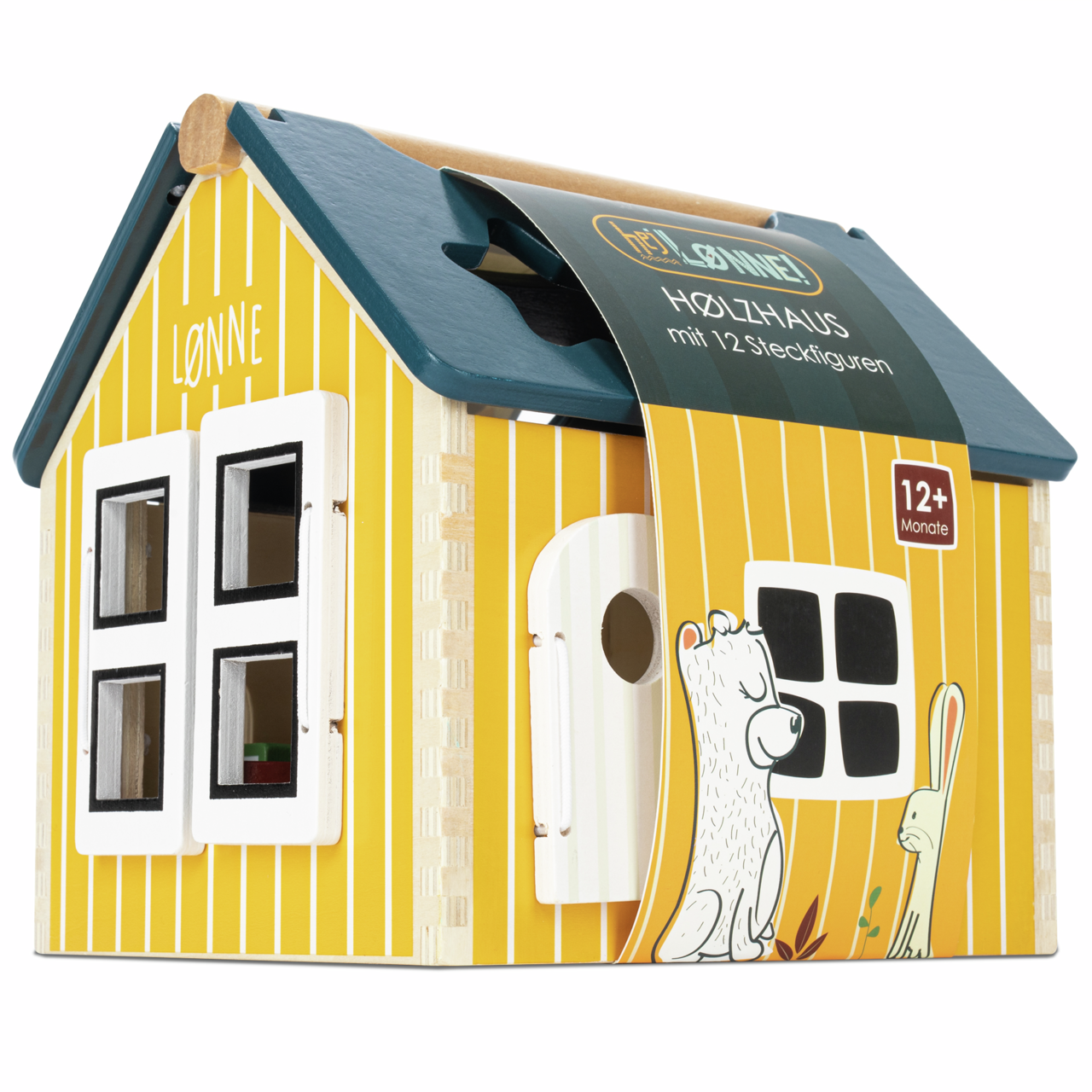 Holz-Steckhaus mit gelben Wänden und blauen Dach, Vorderansicht mit Fenstern und Tür, geeignet für Kinder ab 12 Monaten.