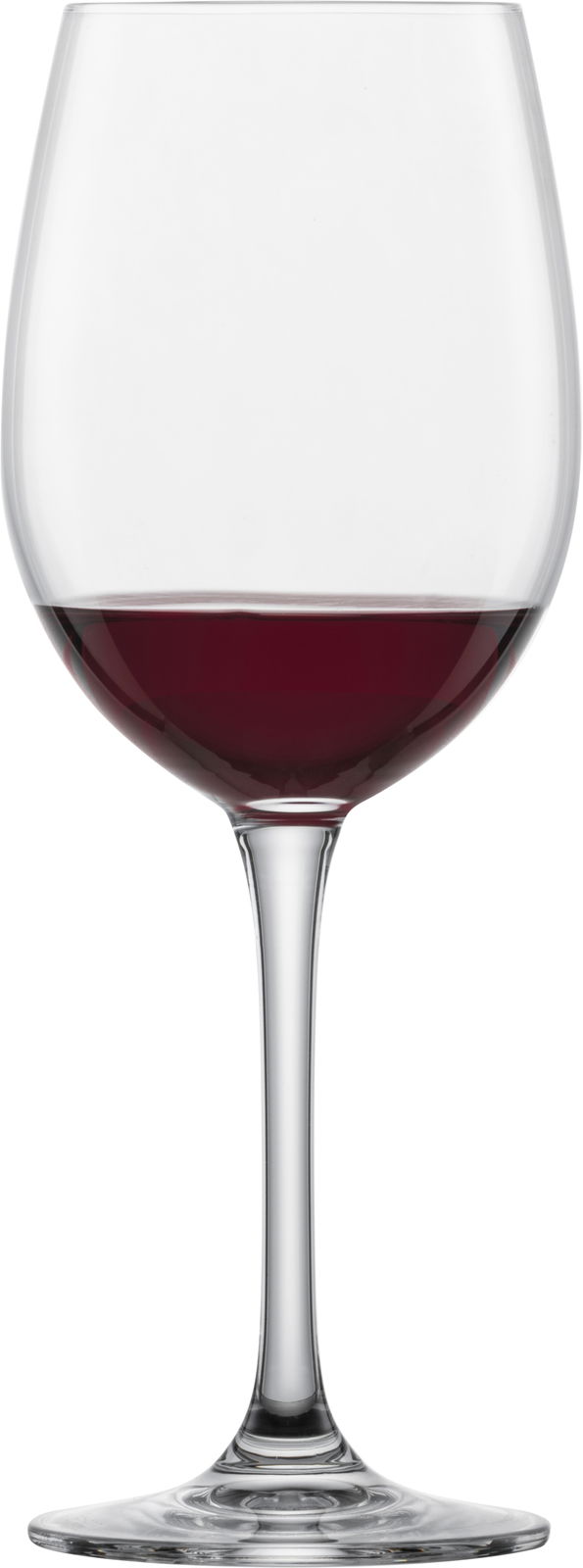 Ein elegantes Wasser- und Rotweinglas Classico, gefüllt mit Rotwein, aus der Frontalperspektive.
