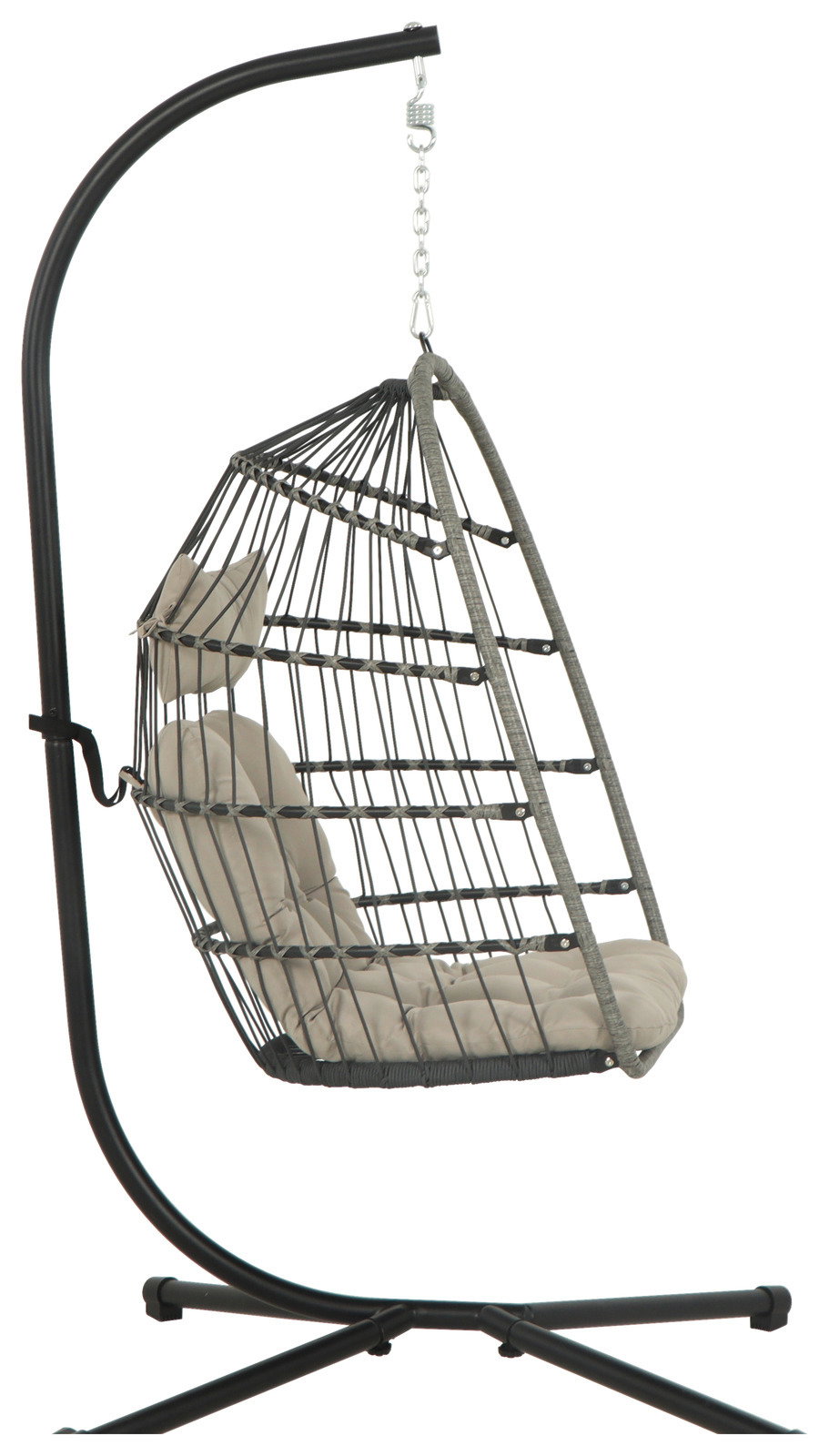 Moderner Hängesessel mit Metallgestell und beigem Kissen, seitliche Perspektive