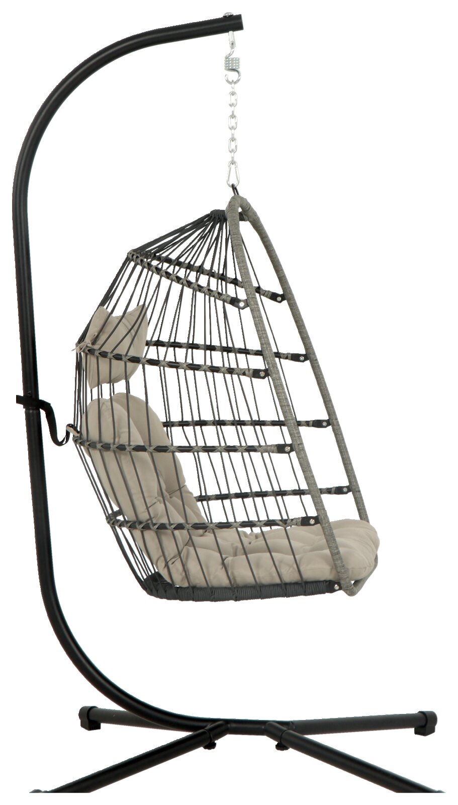 Moderne hangstoel met metalen frame en beige kussen, zijaanzicht