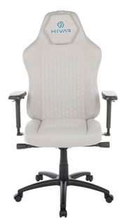 Frontansicht eines grauen Gaming-Stuhls mit ergonomischem Design und blauer Logo-Stickerei auf der Kopfstütze.