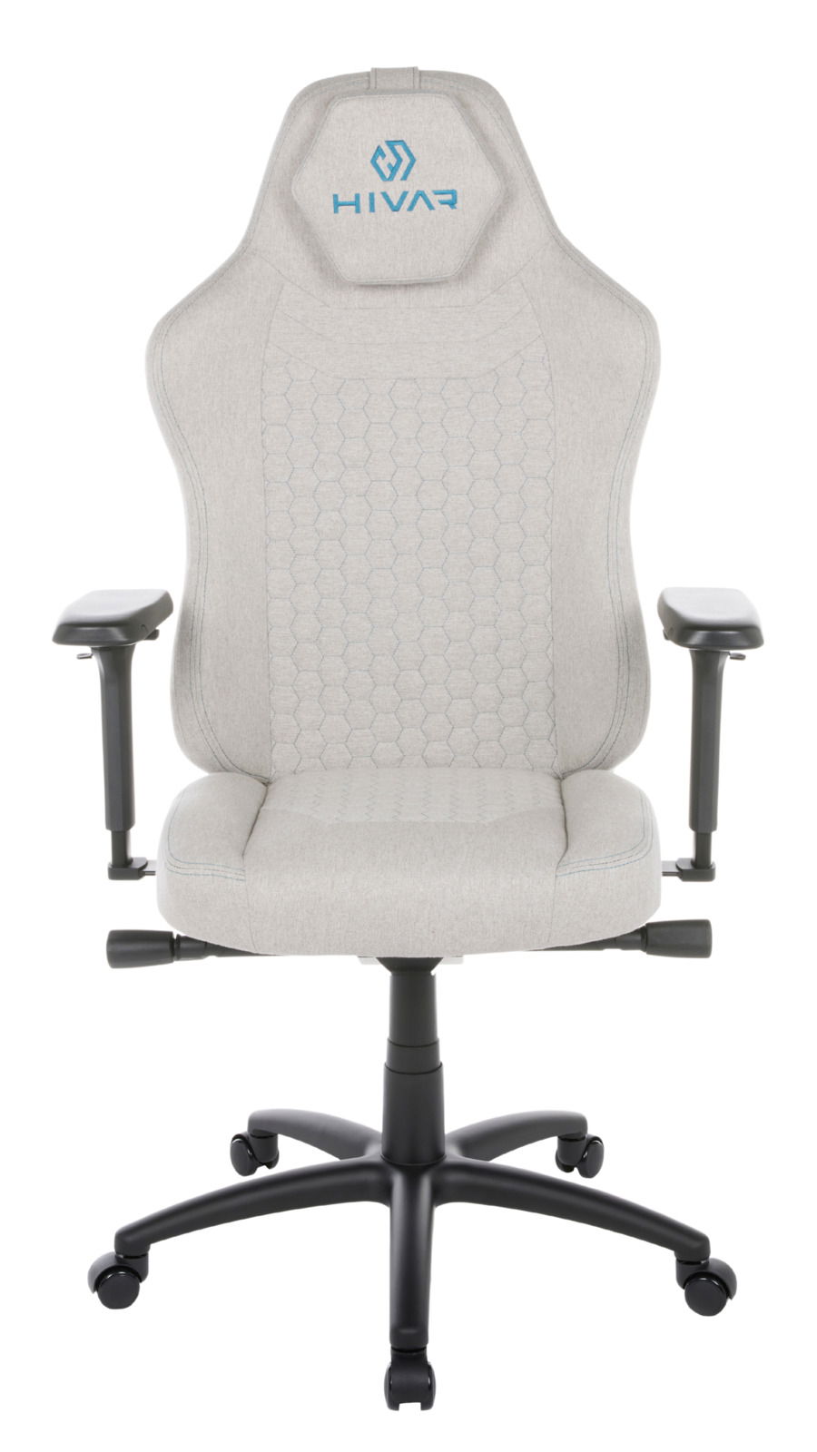 Frontansicht eines grauen Gaming-Stuhls mit ergonomischem Design und blauer Logo-Stickerei auf der Kopfstütze.