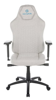 Frontansicht eines grauen Gaming-Stuhls mit ergonomischem Design und blauer Logo-Stickerei auf der Kopfstütze.