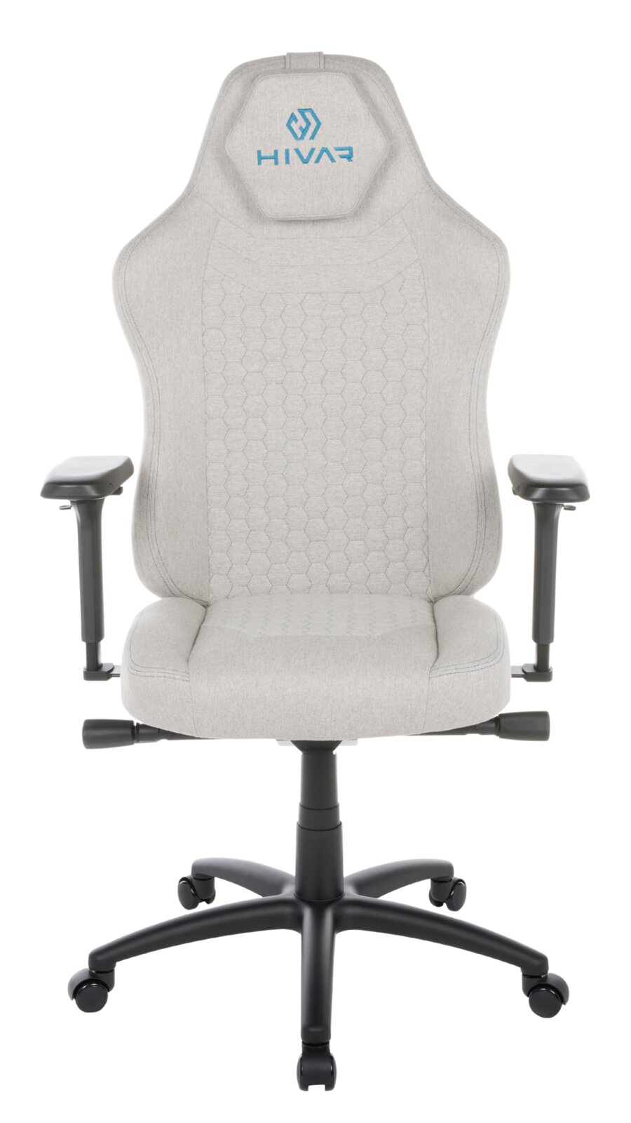 Frontansicht eines grauen Gaming-Stuhls mit ergonomischem Design und blauer Logo-Stickerei auf der Kopfstütze.