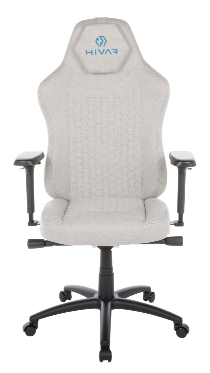 Frontansicht eines grauen Gaming-Stuhls mit ergonomischem Design und blauer Logo-Stickerei auf der Kopfstütze.