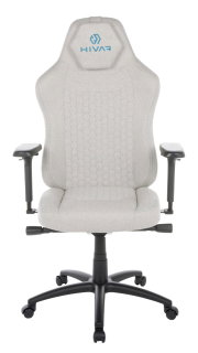 Frontansicht eines grauen Gaming-Stuhls mit ergonomischem Design und blauer Logo-Stickerei auf der Kopfstütze.