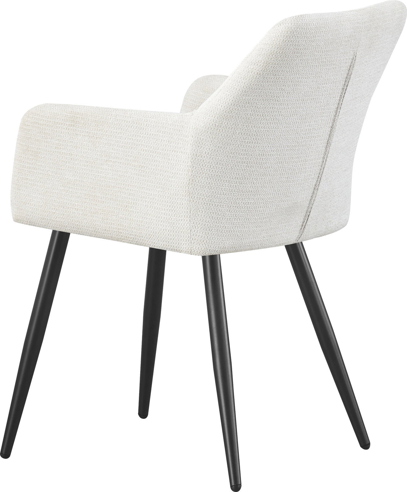 Gepolsterter Armlehnstuhl mit hellbeigem Stoffbezug und schwarzen, schräg gestellten Metallbeinen, seitliche Rückansicht vor weißem Hintergrund