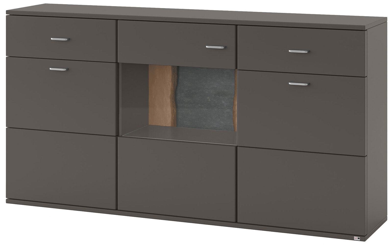 Modernes Sideboard in dunklem Grau mit mehreren Schubladen und einem offenen Fach, Frontalansicht.