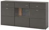 Modernes Sideboard in dunklem Grau mit mehreren Schubladen und einem offenen Fach, Frontalansicht.